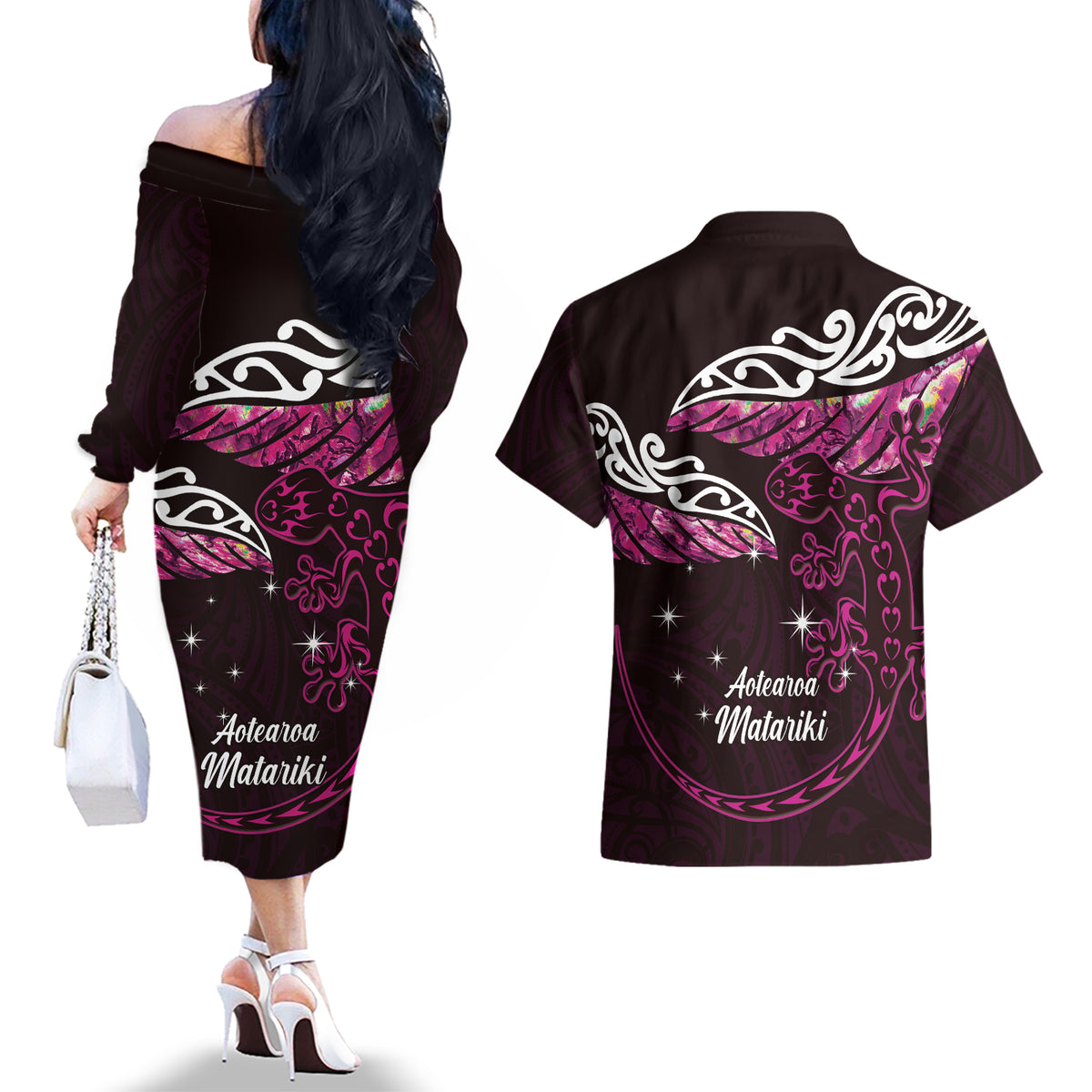 New Zealand Matariki Couples Matching Off The Shoulder Long Sleeve Dress and Hawaiian Shirt Maori New Year Silver Fern And Lizard - Pink LT14 - Polynesian Pride