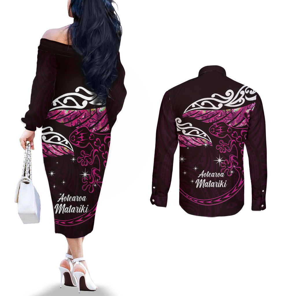 New Zealand Matariki Couples Matching Off The Shoulder Long Sleeve Dress and Long Sleeve Button Shirt Maori New Year Silver Fern And Lizard - Pink LT14 - Polynesian Pride