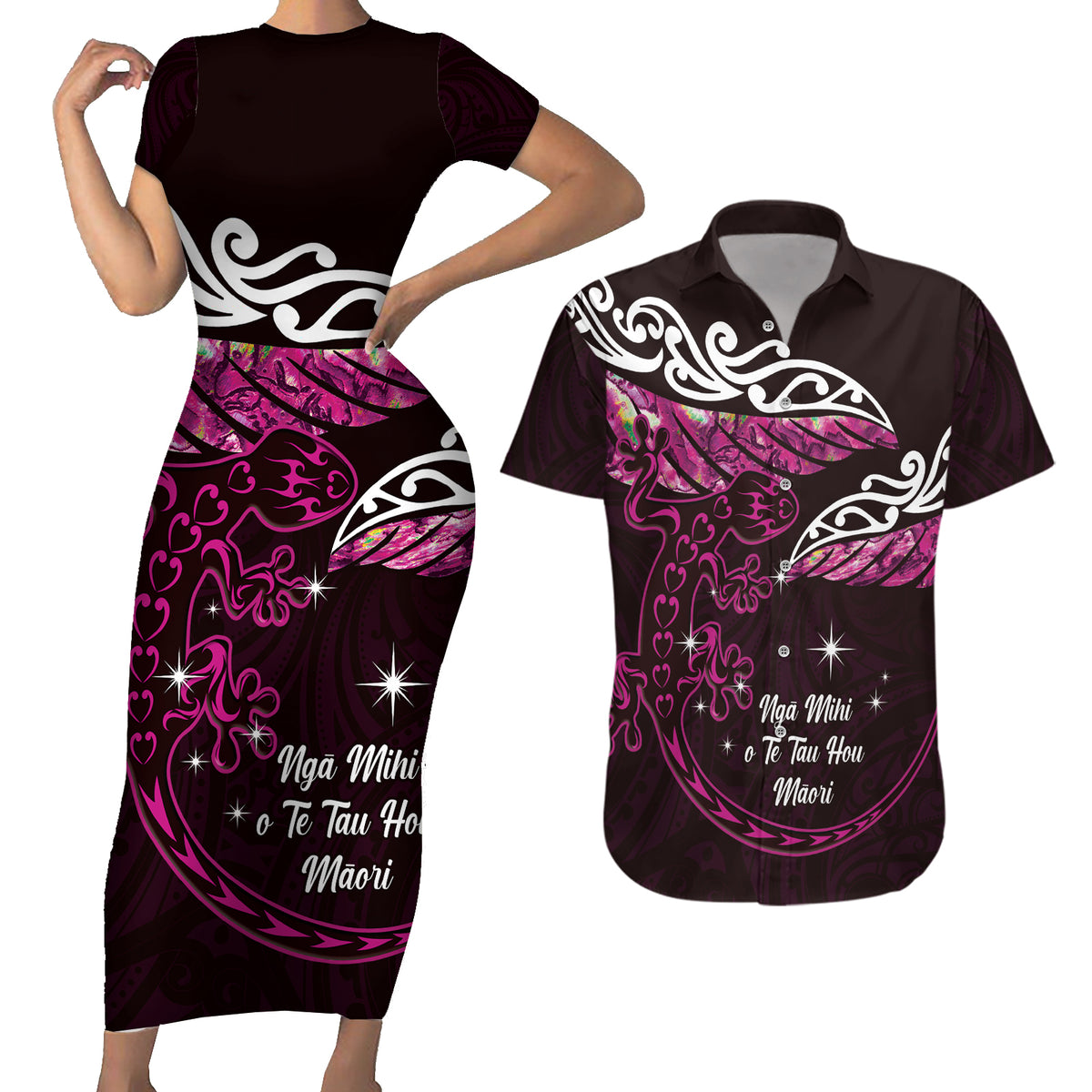 New Zealand Matariki Couples Matching Short Sleeve Bodycon Dress and Hawaiian Shirt Maori New Year Silver Fern And Lizard - Pink LT14 Pink - Polynesian Pride