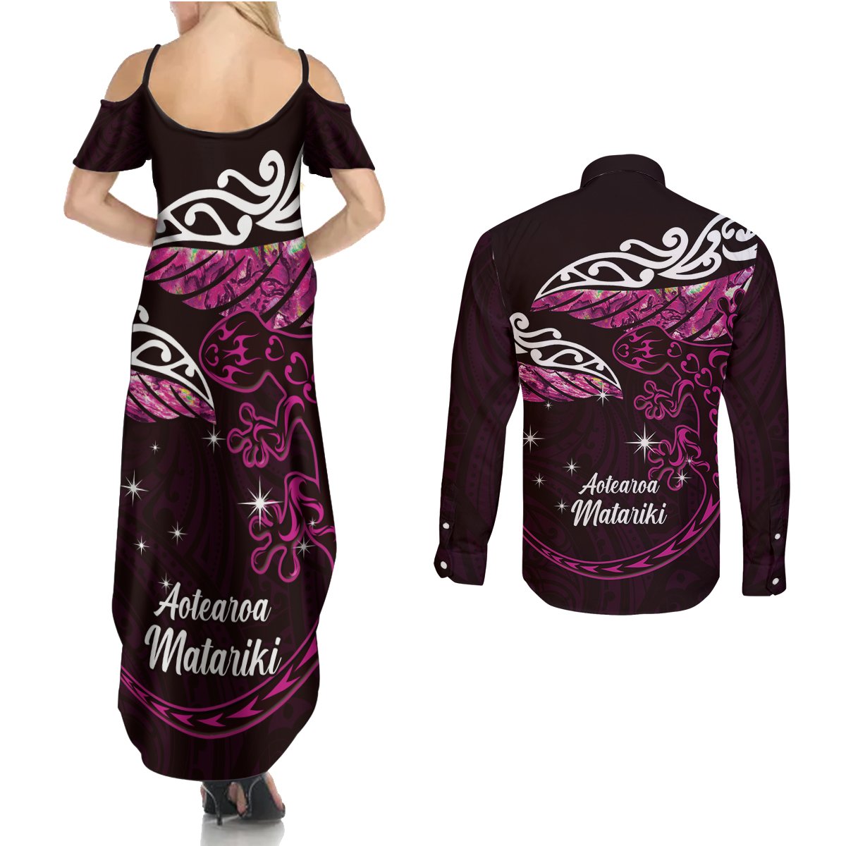 New Zealand Matariki Couples Matching Summer Maxi Dress and Long Sleeve Button Shirt Maori New Year Silver Fern And Lizard - Pink LT14 - Polynesian Pride