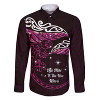 New Zealand Matariki Family Matching Long Sleeve Bodycon Dress and Hawaiian Shirt Maori New Year Silver Fern And Lizard - Pink LT14 Dad's Shirt - Long Sleeve Pink - Polynesian Pride