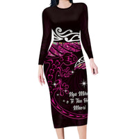 New Zealand Matariki Family Matching Long Sleeve Bodycon Dress and Hawaiian Shirt Maori New Year Silver Fern And Lizard - Pink LT14 Mom's Dress Pink - Polynesian Pride