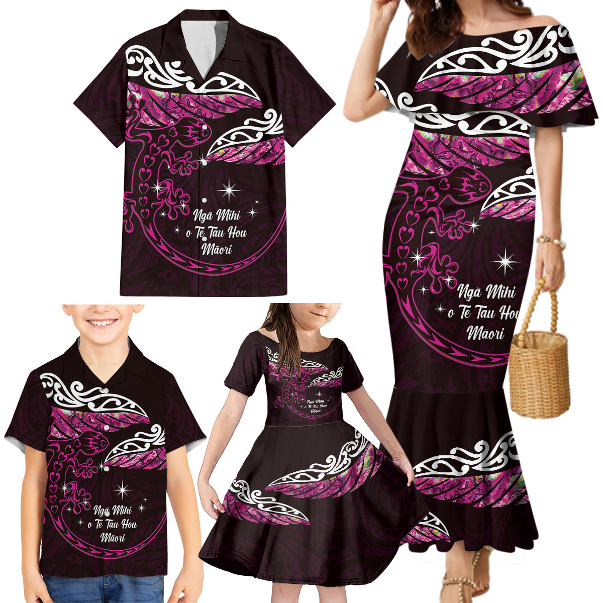 New Zealand Matariki Family Matching Mermaid Dress and Hawaiian Shirt Maori New Year Silver Fern And Lizard - Pink LT14 - Polynesian Pride