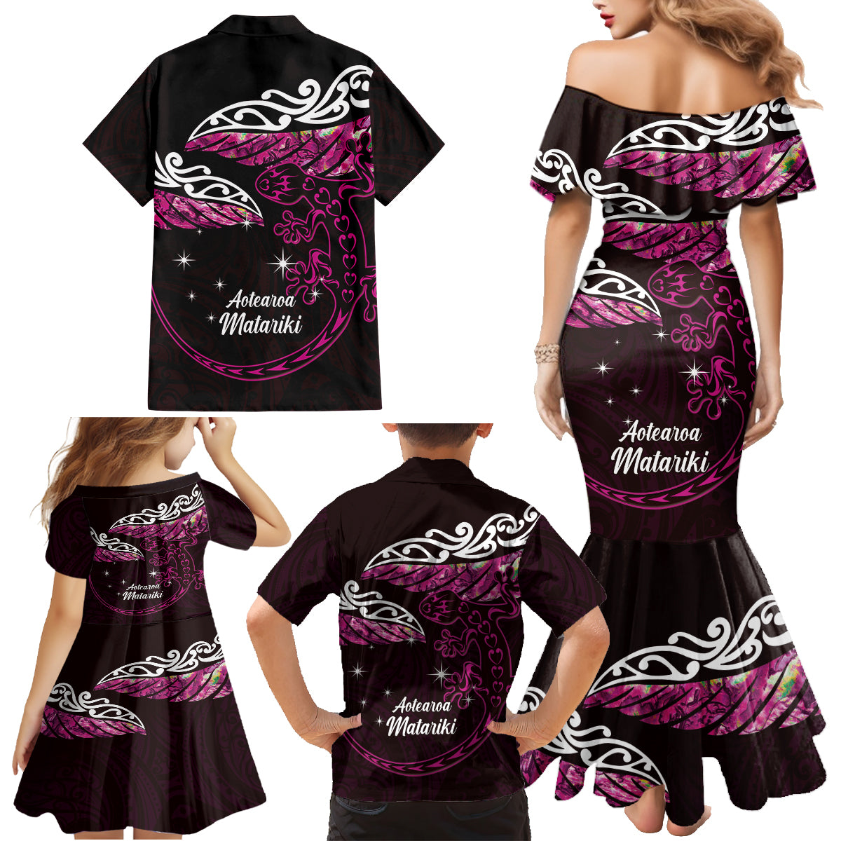 New Zealand Matariki Family Matching Mermaid Dress and Hawaiian Shirt Maori New Year Silver Fern And Lizard - Pink LT14 - Polynesian Pride
