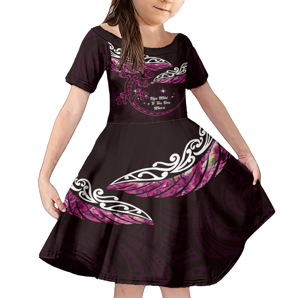 New Zealand Matariki Family Matching Off The Shoulder Long Sleeve Dress and Hawaiian Shirt Maori New Year Silver Fern And Lizard - Pink LT14 Daughter's Dress Pink - Polynesian Pride