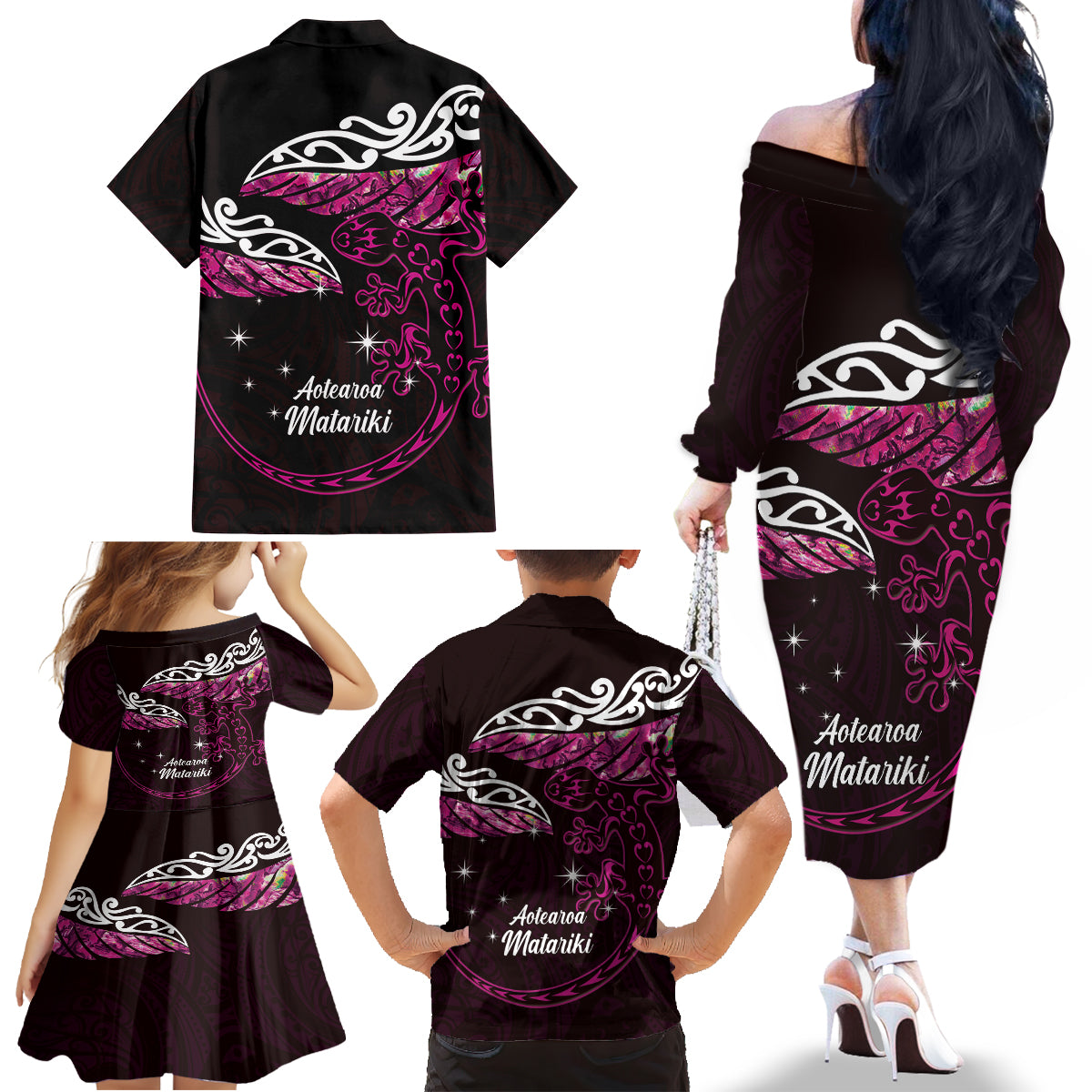 New Zealand Matariki Family Matching Off The Shoulder Long Sleeve Dress and Hawaiian Shirt Maori New Year Silver Fern And Lizard - Pink LT14 - Polynesian Pride