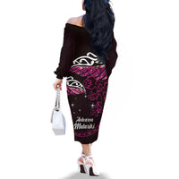 New Zealand Matariki Family Matching Off The Shoulder Long Sleeve Dress and Hawaiian Shirt Maori New Year Silver Fern And Lizard - Pink LT14 - Polynesian Pride