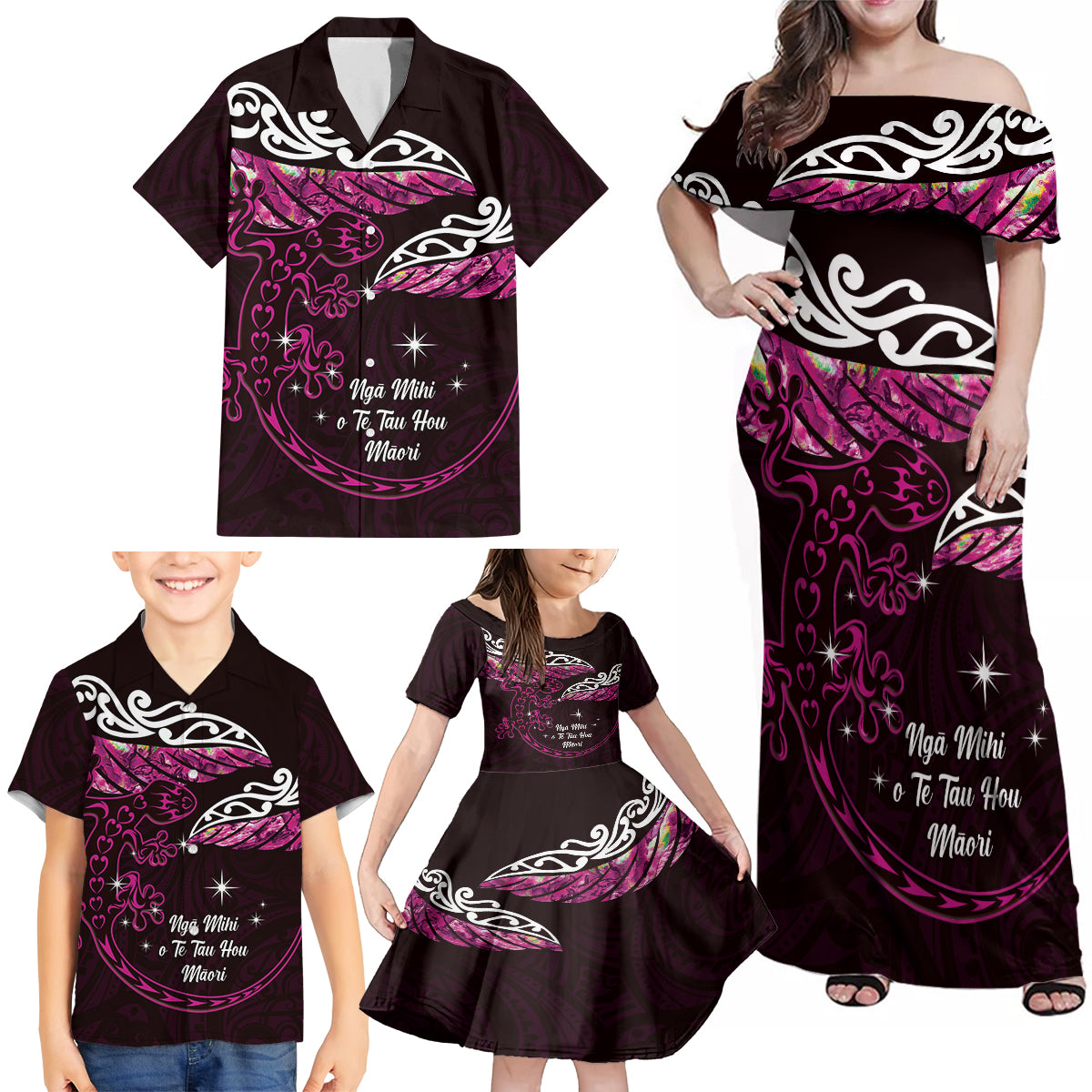 New Zealand Matariki Family Matching Off Shoulder Maxi Dress and Hawaiian Shirt Maori New Year Silver Fern And Lizard - Pink LT14 - Polynesian Pride
