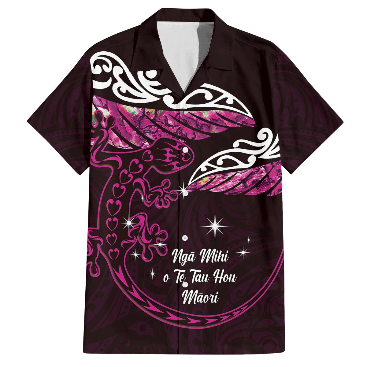 New Zealand Matariki Family Matching Off Shoulder Maxi Dress and Hawaiian Shirt Maori New Year Silver Fern And Lizard - Pink LT14 Dad's Shirt - Short Sleeve Pink - Polynesian Pride