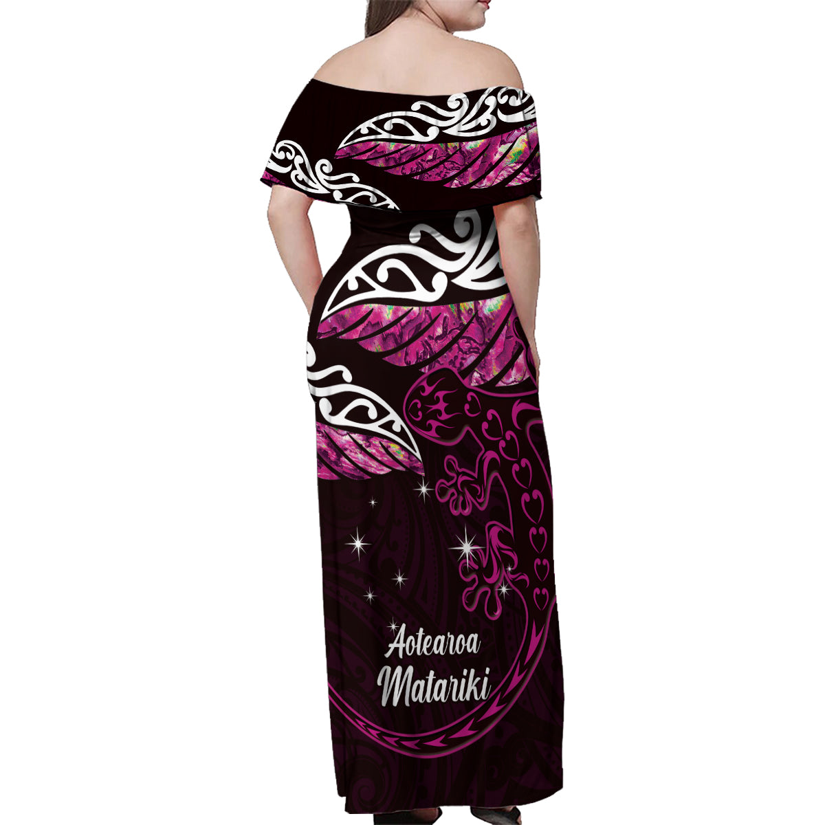 New Zealand Matariki Family Matching Off Shoulder Maxi Dress and Hawaiian Shirt Maori New Year Silver Fern And Lizard - Pink LT14 - Polynesian Pride