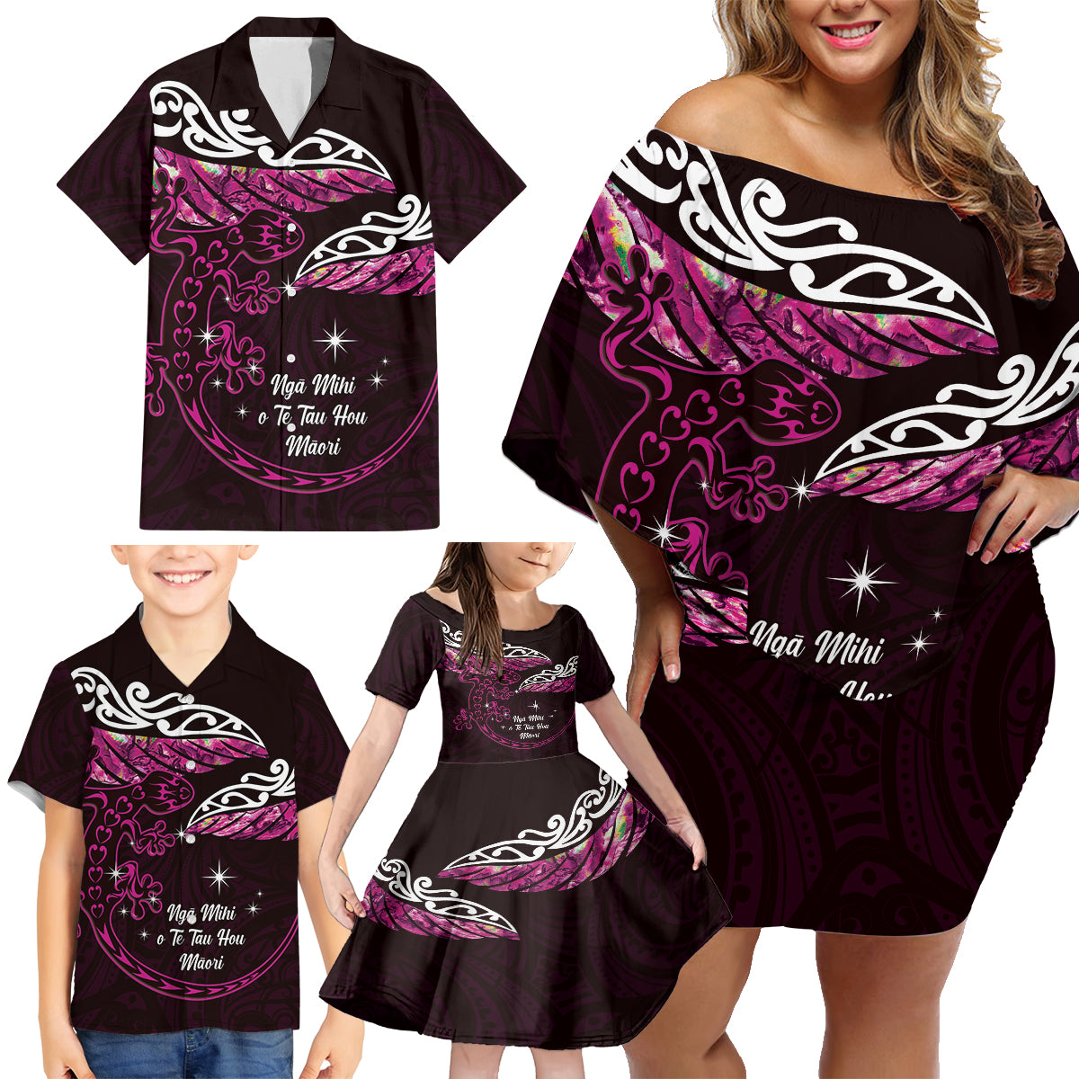 New Zealand Matariki Family Matching Off Shoulder Short Dress and Hawaiian Shirt Maori New Year Silver Fern And Lizard - Pink LT14 - Polynesian Pride