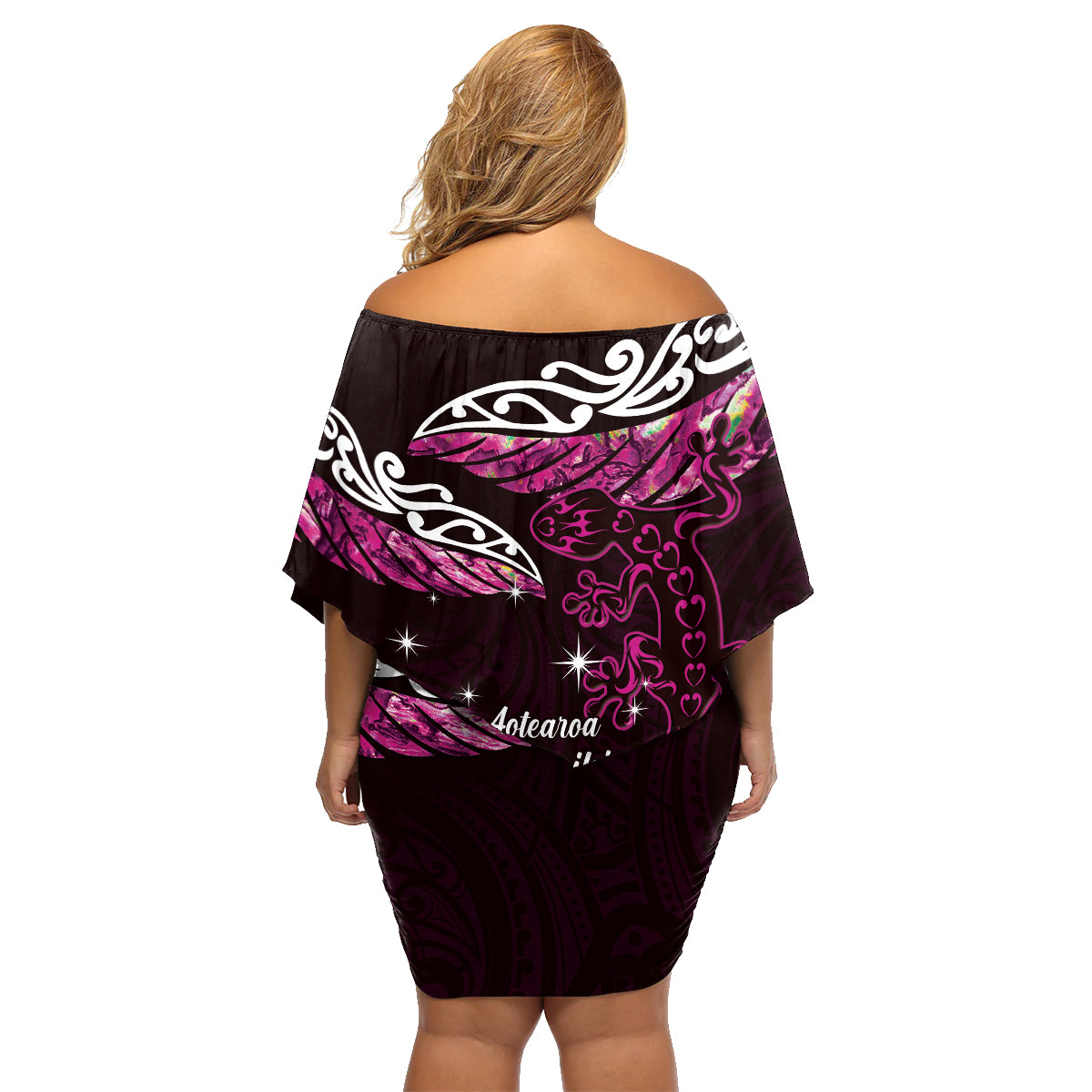 New Zealand Matariki Family Matching Off Shoulder Short Dress and Hawaiian Shirt Maori New Year Silver Fern And Lizard - Pink LT14 - Polynesian Pride