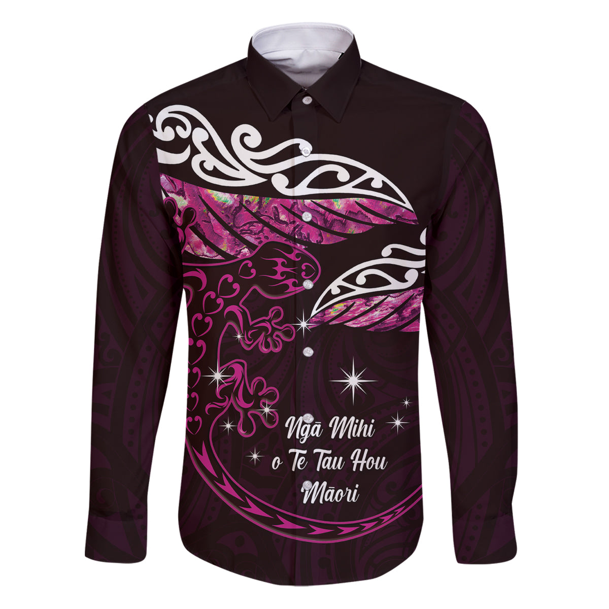 New Zealand Matariki Family Matching Puletasi and Hawaiian Shirt Maori New Year Silver Fern And Lizard - Pink LT14 Dad's Shirt - Long Sleeve Pink - Polynesian Pride