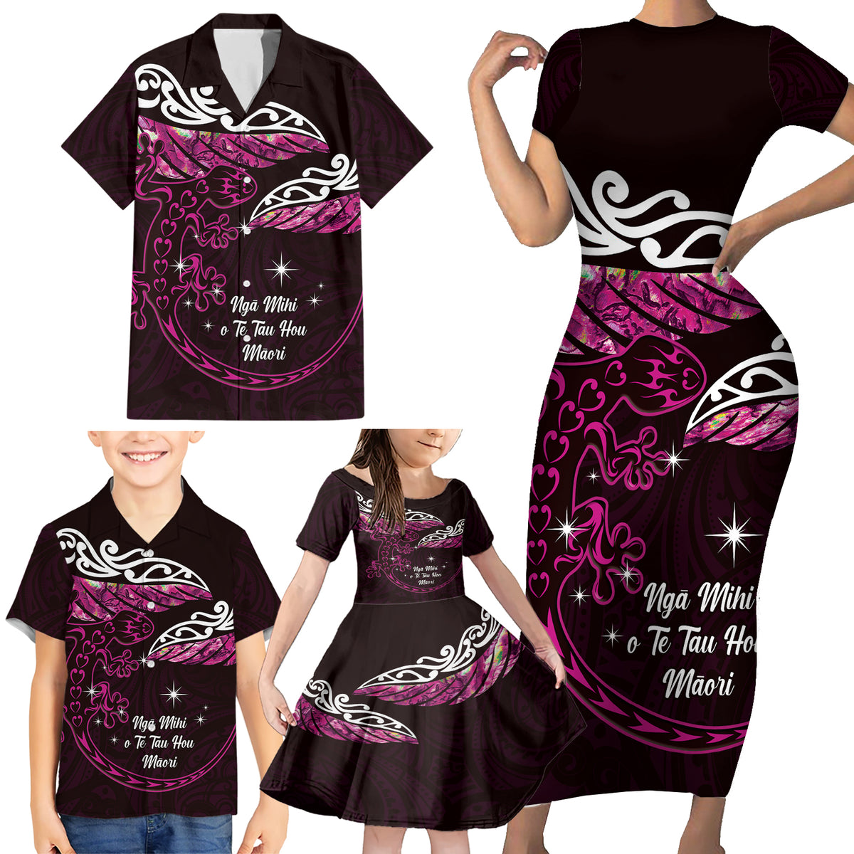 New Zealand Matariki Family Matching Short Sleeve Bodycon Dress and Hawaiian Shirt Maori New Year Silver Fern And Lizard - Pink LT14 - Polynesian Pride