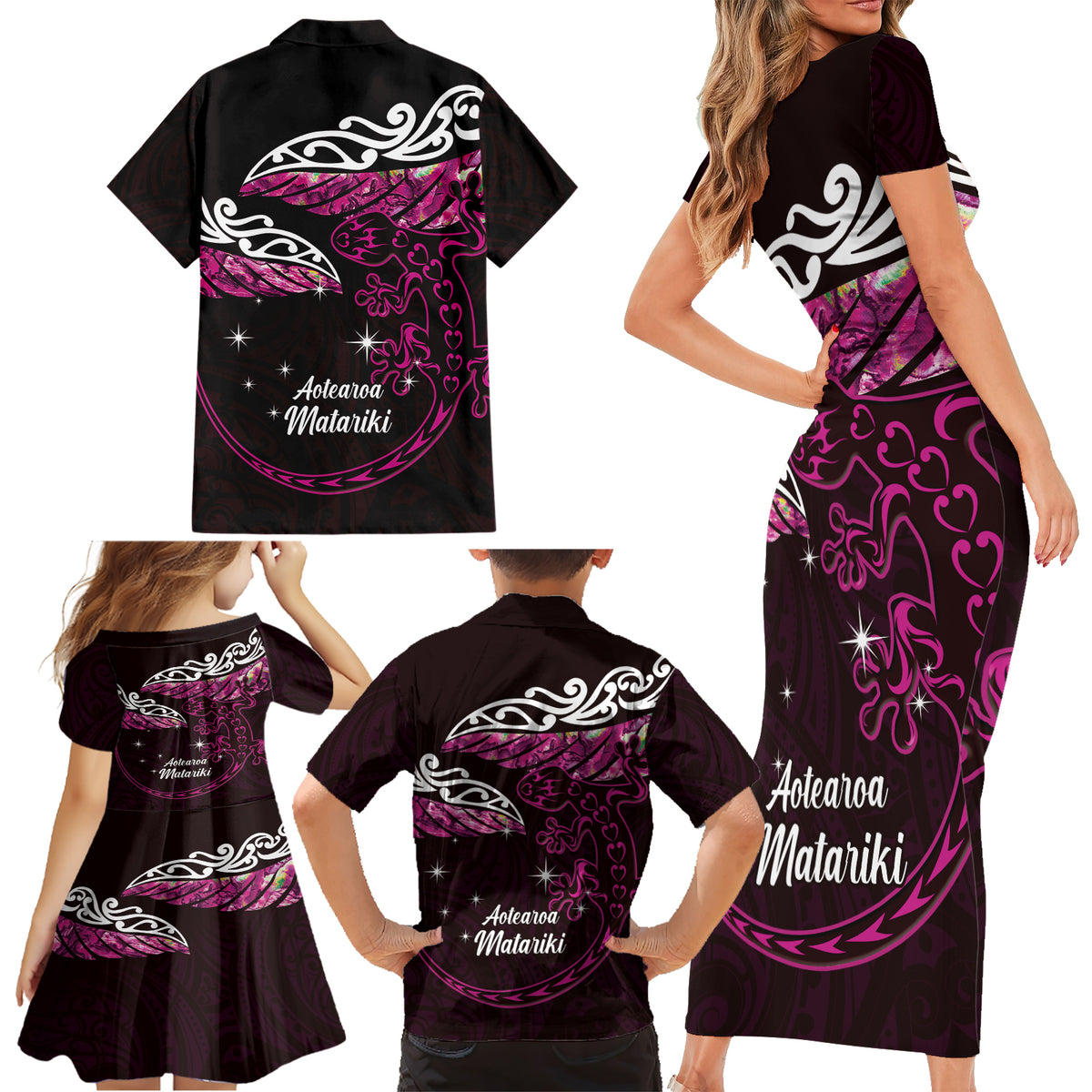New Zealand Matariki Family Matching Short Sleeve Bodycon Dress and Hawaiian Shirt Maori New Year Silver Fern And Lizard - Pink LT14 - Polynesian Pride