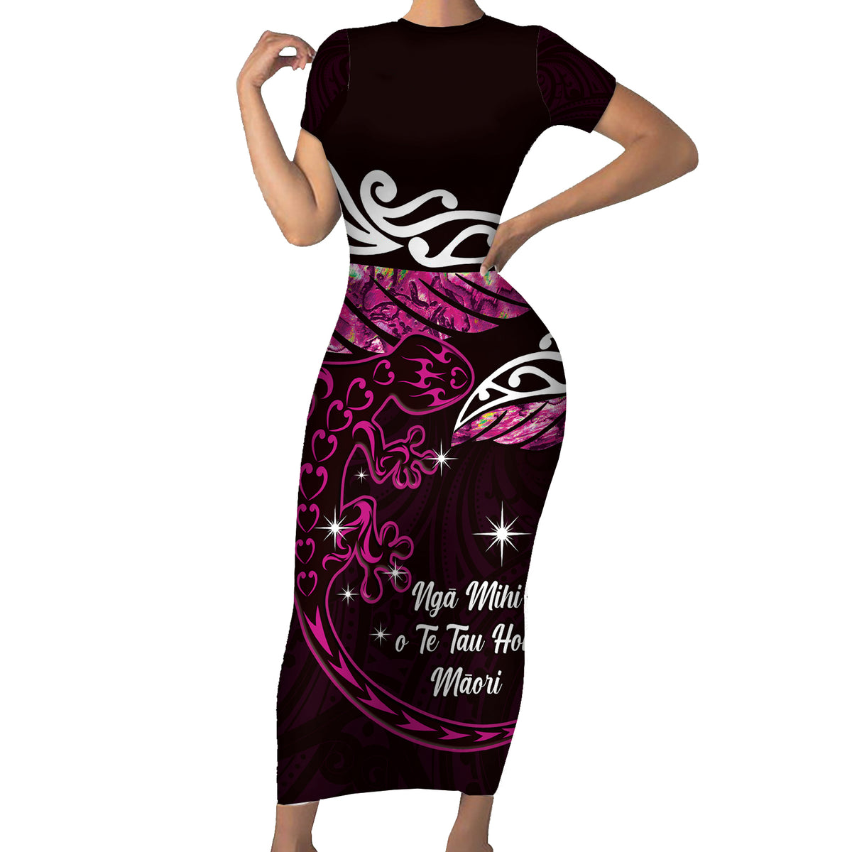 New Zealand Matariki Family Matching Short Sleeve Bodycon Dress and Hawaiian Shirt Maori New Year Silver Fern And Lizard - Pink LT14 Mom's Dress Pink - Polynesian Pride