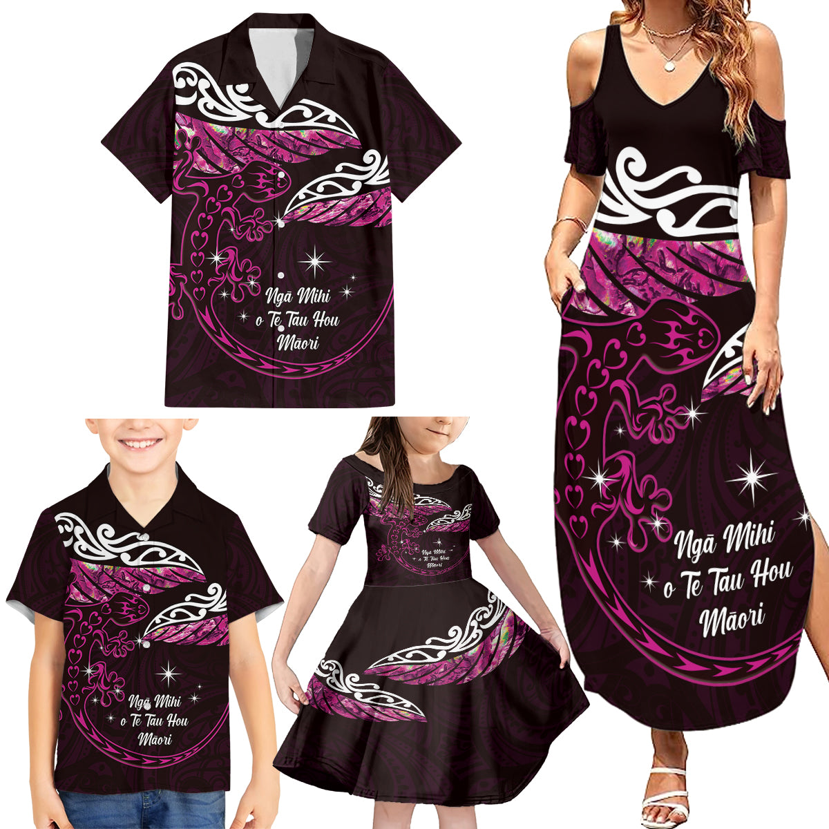 New Zealand Matariki Family Matching Summer Maxi Dress and Hawaiian Shirt Maori New Year Silver Fern And Lizard - Pink LT14 - Polynesian Pride