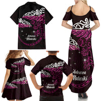 New Zealand Matariki Family Matching Summer Maxi Dress and Hawaiian Shirt Maori New Year Silver Fern And Lizard - Pink LT14 - Polynesian Pride