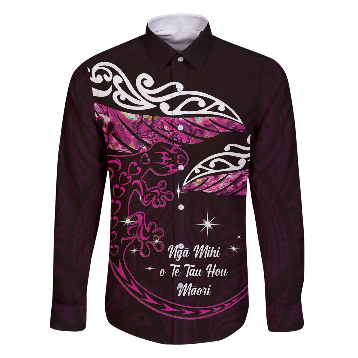 New Zealand Matariki Family Matching Tank Maxi Dress and Hawaiian Shirt Maori New Year Silver Fern And Lizard - Pink LT14 Dad's Shirt - Long Sleeve Pink - Polynesian Pride