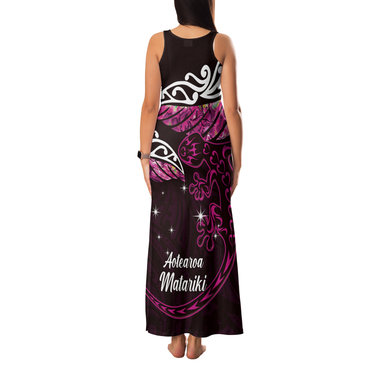 New Zealand Matariki Family Matching Tank Maxi Dress and Hawaiian Shirt Maori New Year Silver Fern And Lizard - Pink LT14 - Polynesian Pride