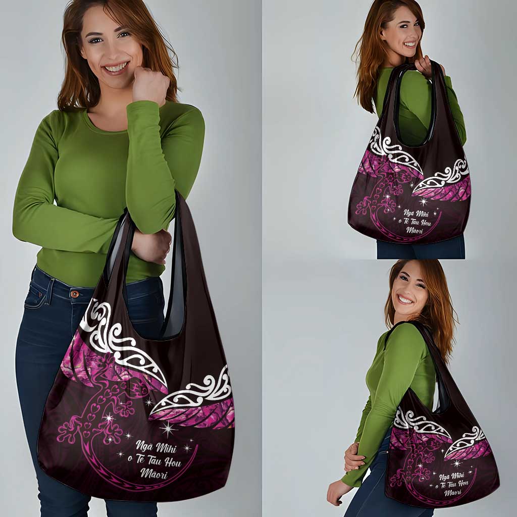 New Zealand Matariki Grocery Bag Maori New Year Silver Fern And Lizard - Pink LT14 - Polynesian Pride