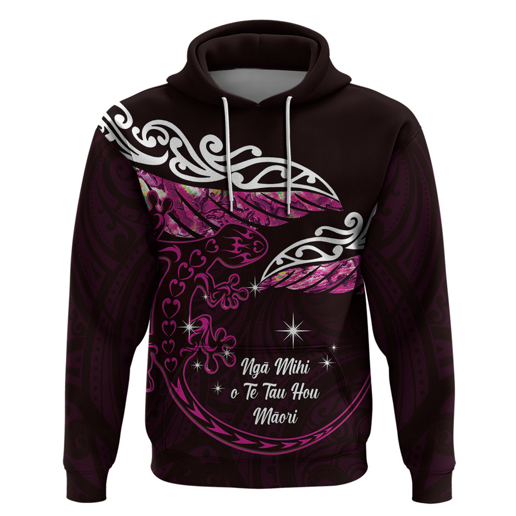 New Zealand Matariki Hoodie Maori New Year Silver Fern And Lizard - Pink LT14 Pullover Hoodie Pink - Polynesian Pride