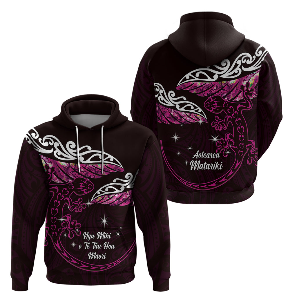 New Zealand Matariki Hoodie Maori New Year Silver Fern And Lizard - Pink LT14 - Polynesian Pride