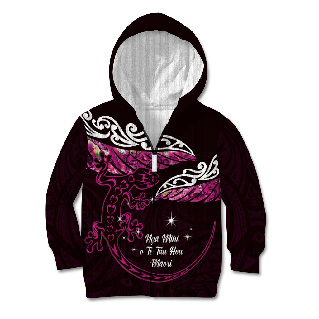 New Zealand Matariki Kid Hoodie Maori New Year Silver Fern And Lizard - Pink LT14 Zip Hoodie Pink - Polynesian Pride