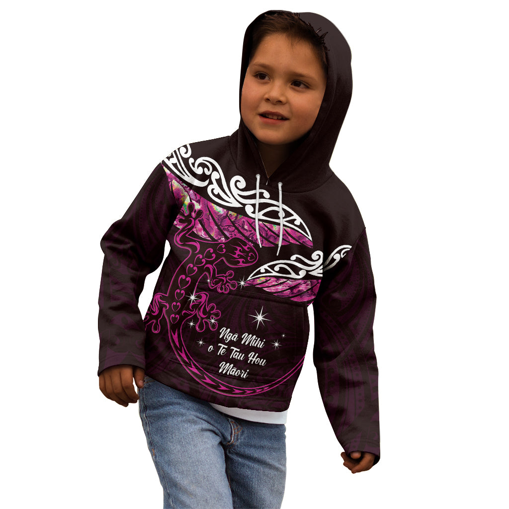 New Zealand Matariki Kid Hoodie Maori New Year Silver Fern And Lizard - Pink LT14 - Polynesian Pride
