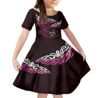 New Zealand Matariki Kid Short Sleeve Dress Maori New Year Silver Fern And Lizard - Pink LT14 KID Pink - Polynesian Pride