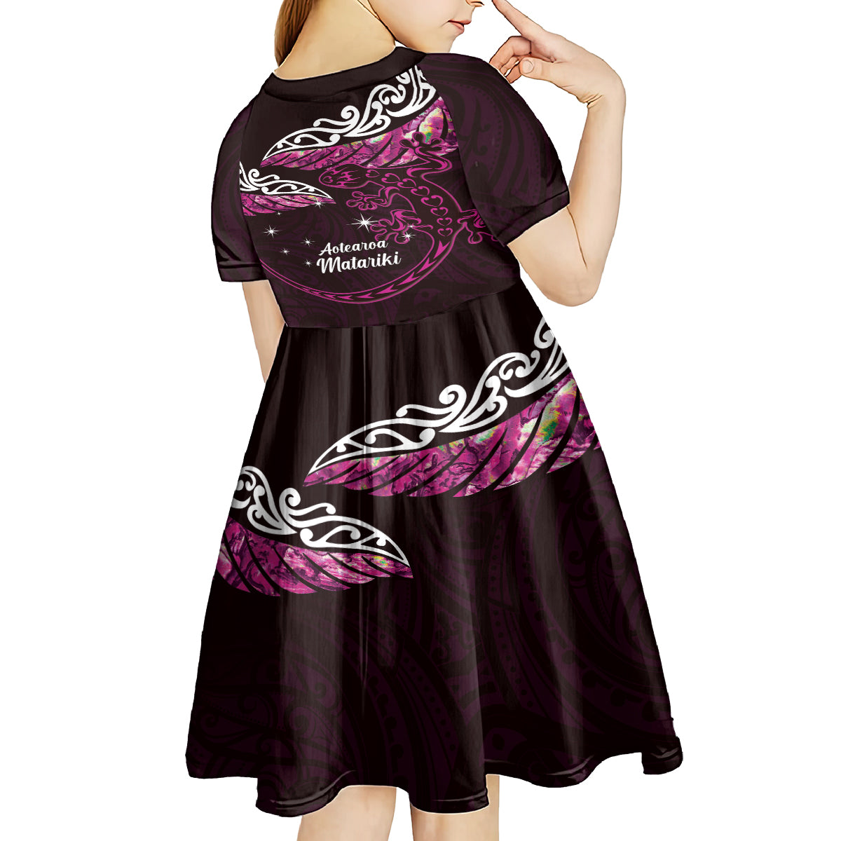 New Zealand Matariki Kid Short Sleeve Dress Maori New Year Silver Fern And Lizard - Pink LT14 - Polynesian Pride