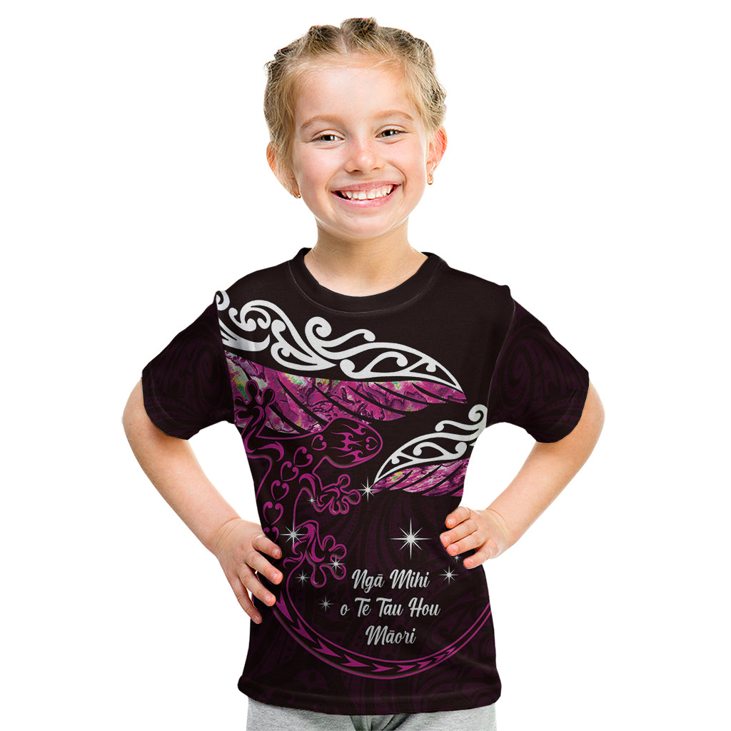 New Zealand Matariki Kid T Shirt Maori New Year Silver Fern And Lizard - Pink LT14 Pink - Polynesian Pride
