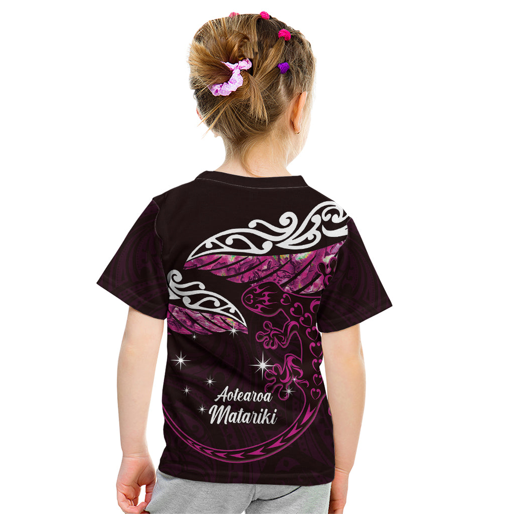 New Zealand Matariki Kid T Shirt Maori New Year Silver Fern And Lizard - Pink LT14 - Polynesian Pride