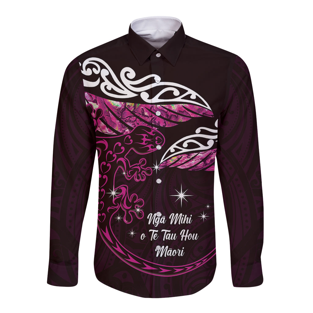 New Zealand Matariki Long Sleeve Button Shirt Maori New Year Silver Fern And Lizard - Pink LT14 Unisex Pink - Polynesian Pride