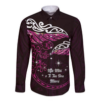 New Zealand Matariki Long Sleeve Button Shirt Maori New Year Silver Fern And Lizard - Pink LT14 Unisex Pink - Polynesian Pride