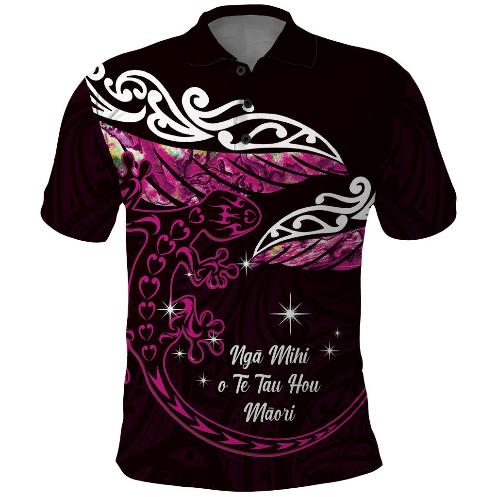 New Zealand Matariki Polo Shirt Maori New Year Silver Fern And Lizard - Pink LT14 Pink - Polynesian Pride