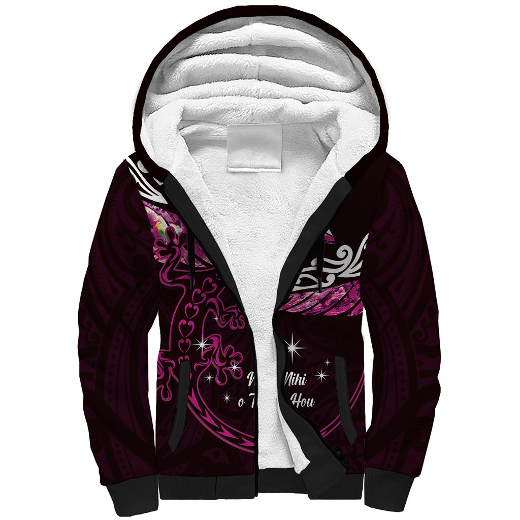 New Zealand Matariki Sherpa Hoodie Maori New Year Silver Fern And Lizard - Pink LT14 Unisex Pink - Polynesian Pride