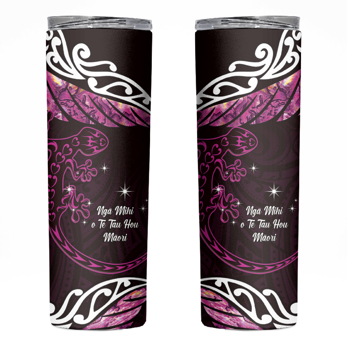 New Zealand Matariki Skinny Tumbler Maori New Year Silver Fern And Lizard - Pink LT14 Pink - Polynesian Pride