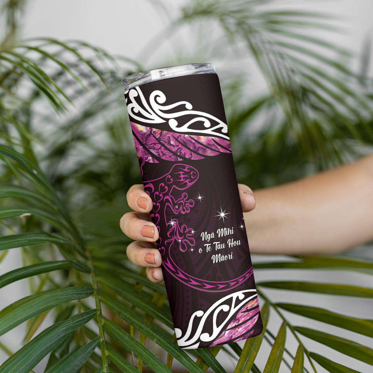 New Zealand Matariki Skinny Tumbler Maori New Year Silver Fern And Lizard - Pink LT14 - Polynesian Pride