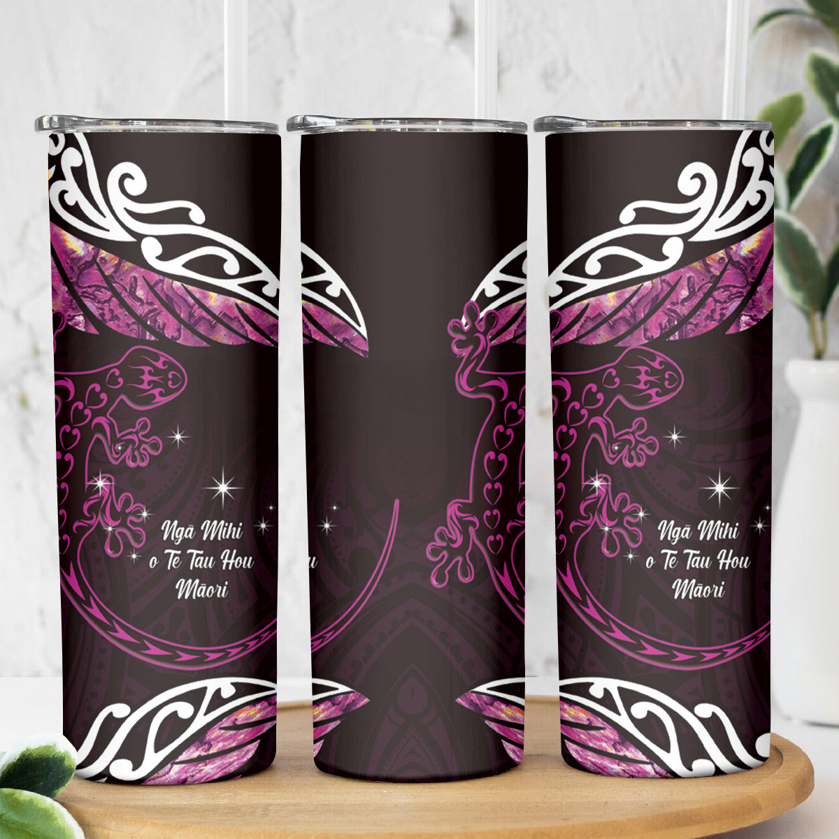 New Zealand Matariki Skinny Tumbler Maori New Year Silver Fern And Lizard - Pink LT14 - Polynesian Pride