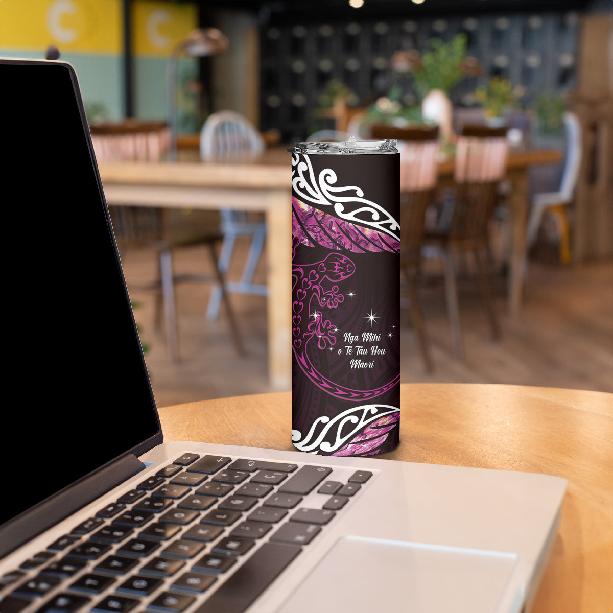 New Zealand Matariki Skinny Tumbler Maori New Year Silver Fern And Lizard - Pink LT14 - Polynesian Pride