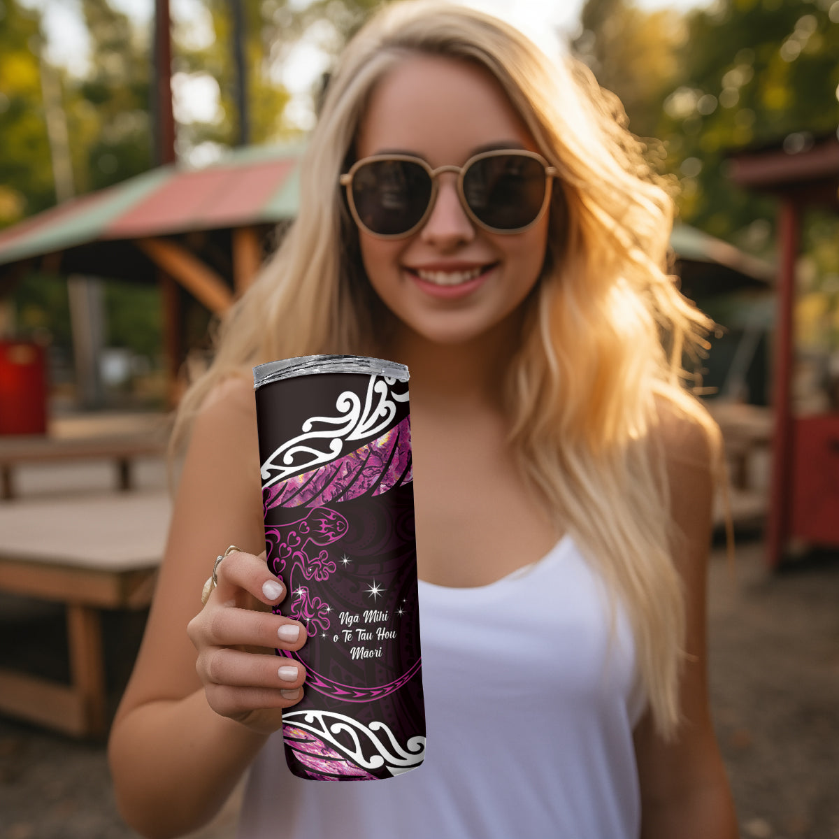 New Zealand Matariki Skinny Tumbler Maori New Year Silver Fern And Lizard - Pink LT14 - Polynesian Pride