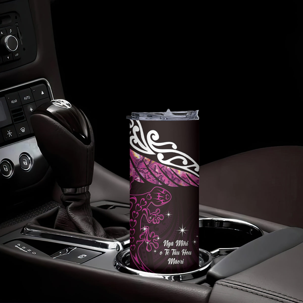 New Zealand Matariki Skinny Tumbler Maori New Year Silver Fern And Lizard - Pink LT14 - Polynesian Pride
