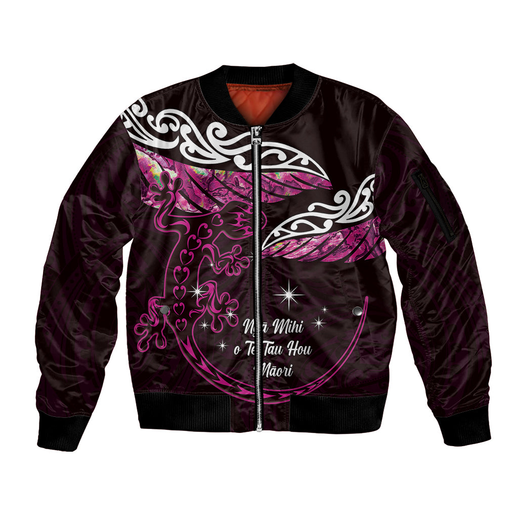New Zealand Matariki Sleeve Zip Bomber Jacket Maori New Year Silver Fern And Lizard - Pink LT14 Unisex Pink - Polynesian Pride