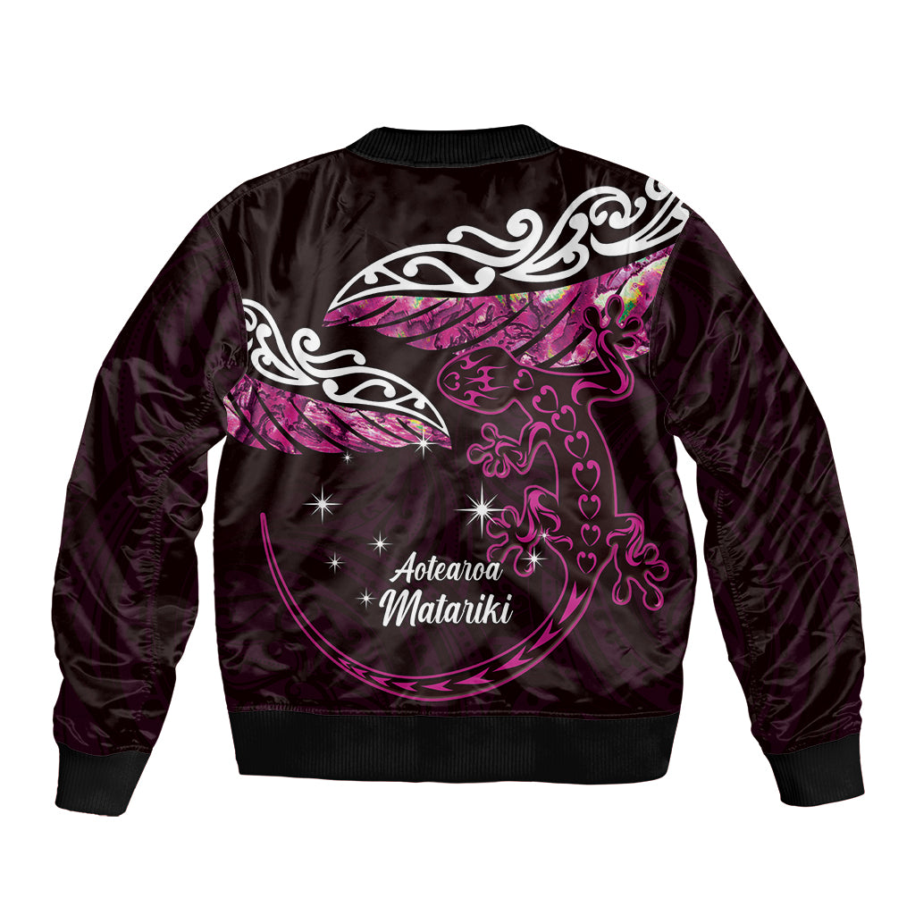 New Zealand Matariki Sleeve Zip Bomber Jacket Maori New Year Silver Fern And Lizard - Pink LT14 - Polynesian Pride