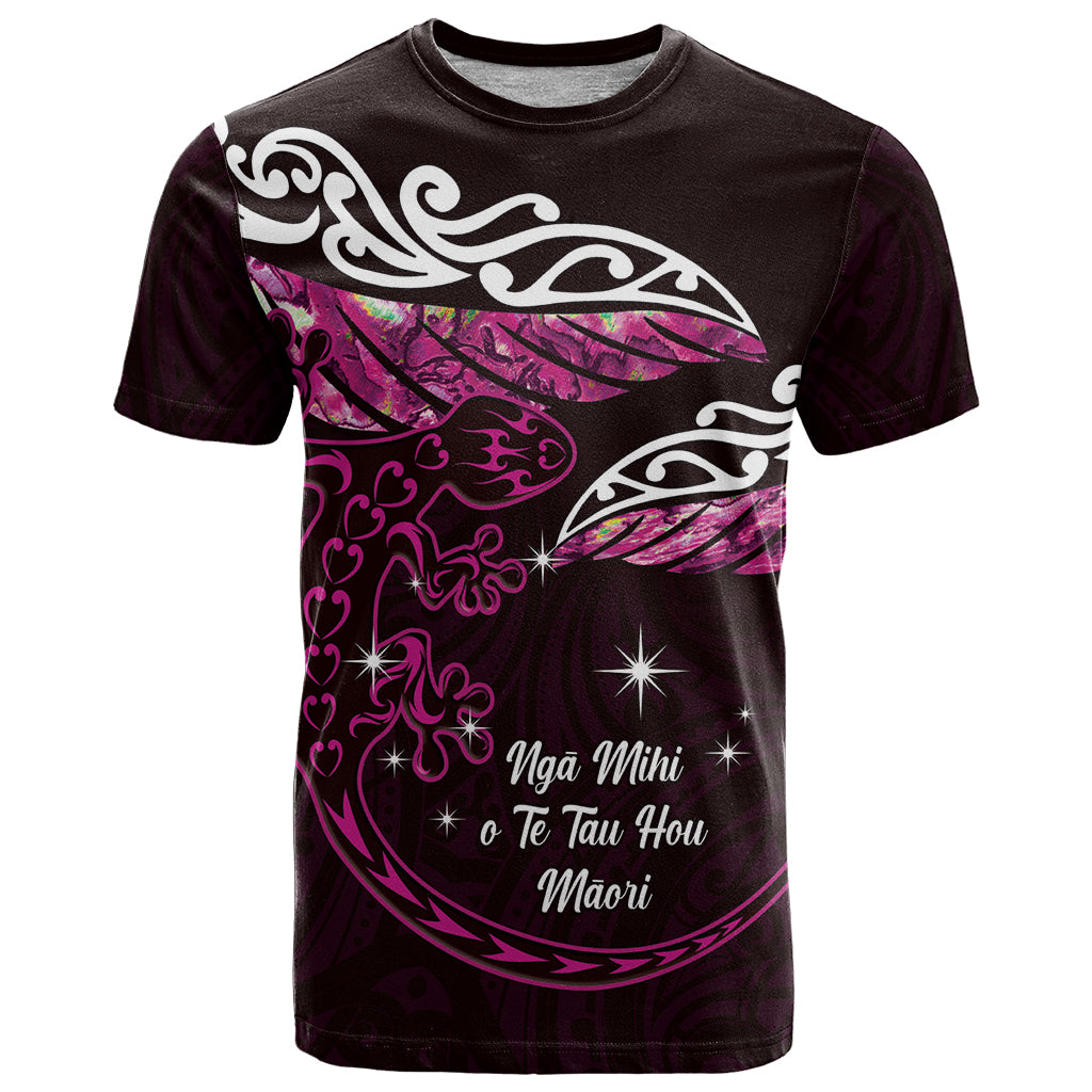 New Zealand Matariki T Shirt Maori New Year Silver Fern And Lizard - Pink LT14 Pink - Polynesian Pride