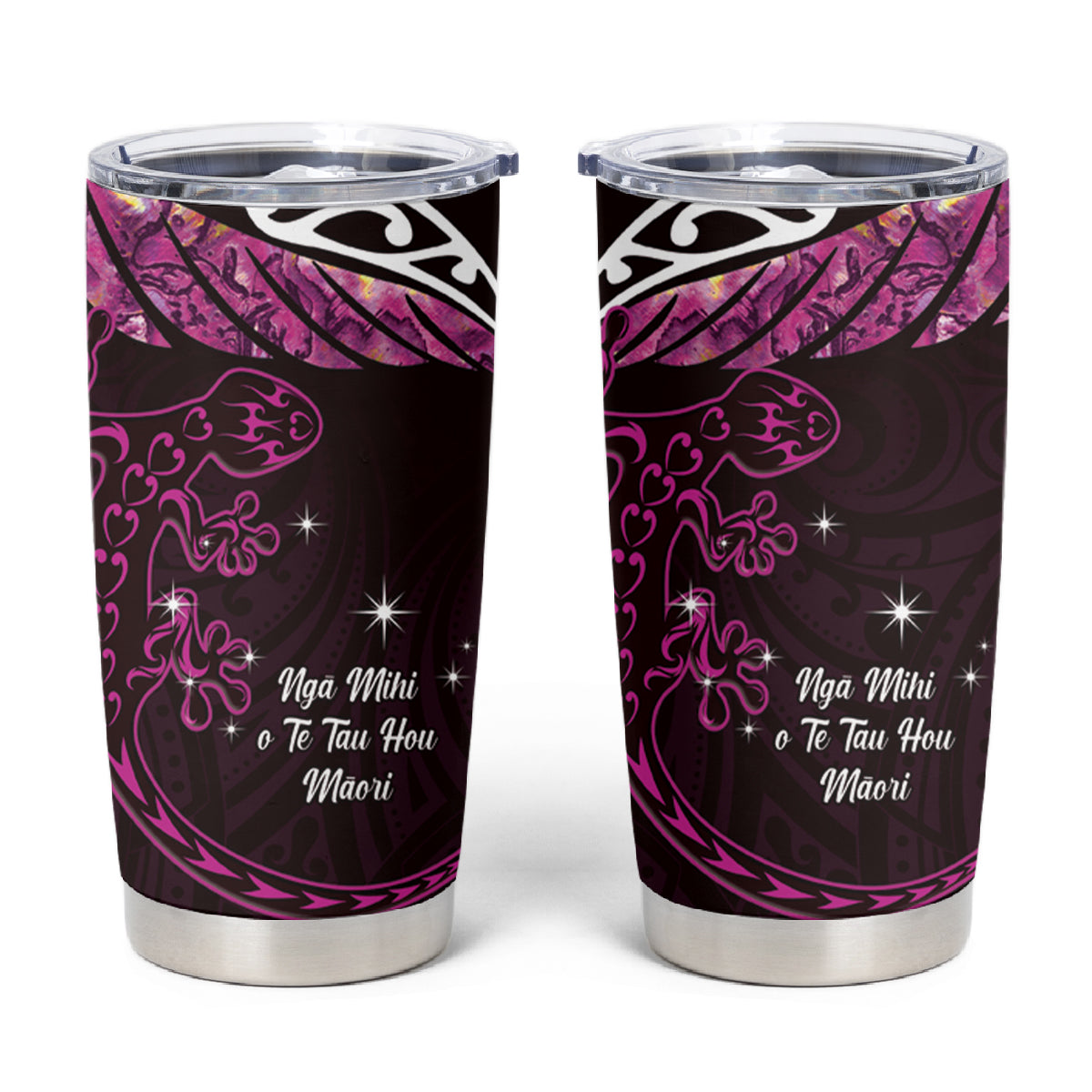 New Zealand Matariki Tumbler Cup Maori New Year Silver Fern And Lizard - Pink LT14 Pink - Polynesian Pride