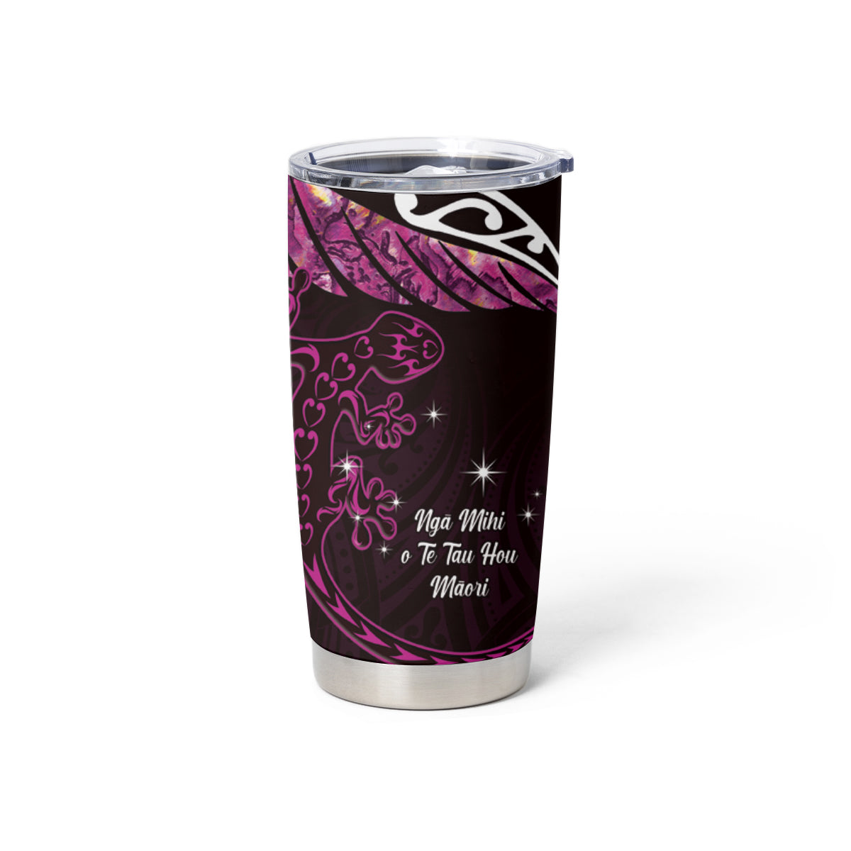 New Zealand Matariki Tumbler Cup Maori New Year Silver Fern And Lizard - Pink LT14 - Polynesian Pride