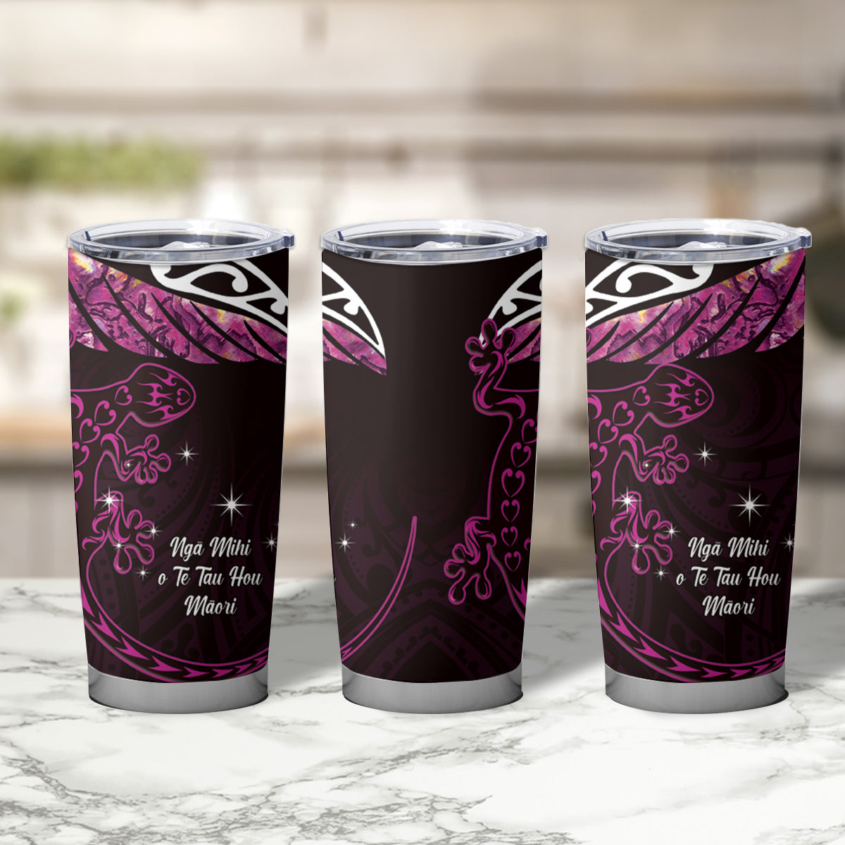 New Zealand Matariki Tumbler Cup Maori New Year Silver Fern And Lizard - Pink LT14 - Polynesian Pride
