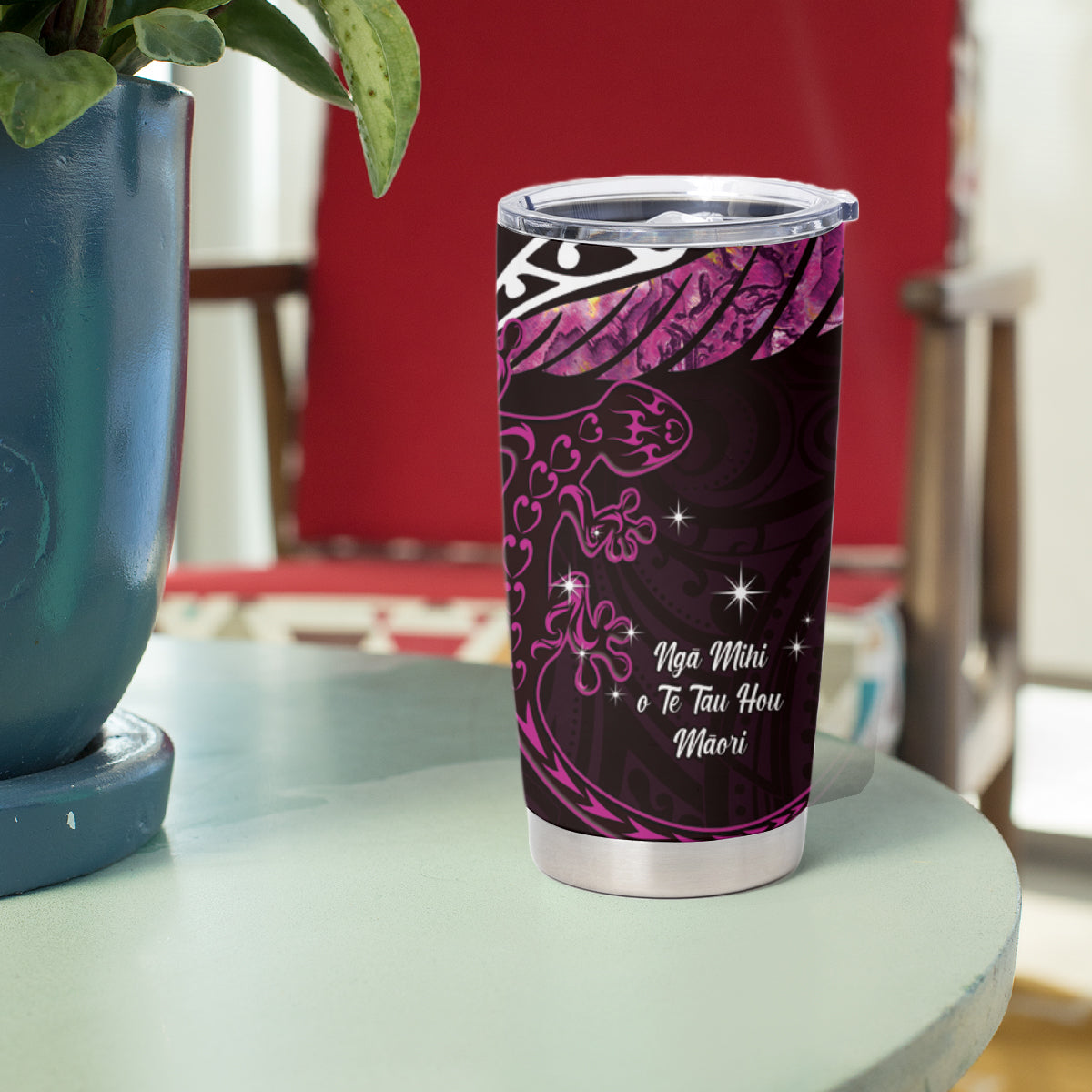 New Zealand Matariki Tumbler Cup Maori New Year Silver Fern And Lizard - Pink LT14 - Polynesian Pride
